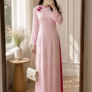 Áo dài suông Thanh Ngân nút hồng sen AD04693