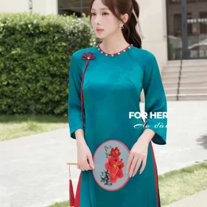 Áo dài Tường Liên hoa cỏ lau xanh AD04857