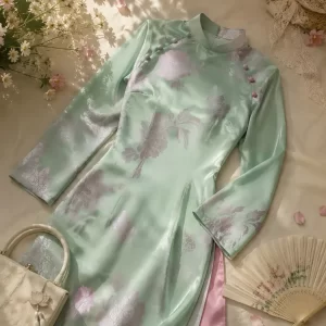 Áo dài Ánh Xuân hoa mẫu đơn xanh AD04859