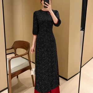 Áo dài Lan Thy chấm bi đen AD04860