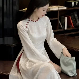Áo dài suông Nàng thơ trắng nút đỏ AD05254