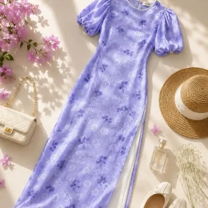 Áo dài Ý Thơ bồ công anh tím AD05339