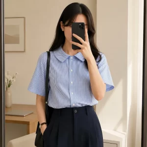 Áo cổ sen nhọn sọc xanh AO20215