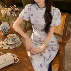 Áo dài Ý Thơ bồ công anh trắng AD05338