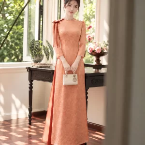 Áo dài Đinh Hương hoa nhí cam AD05233